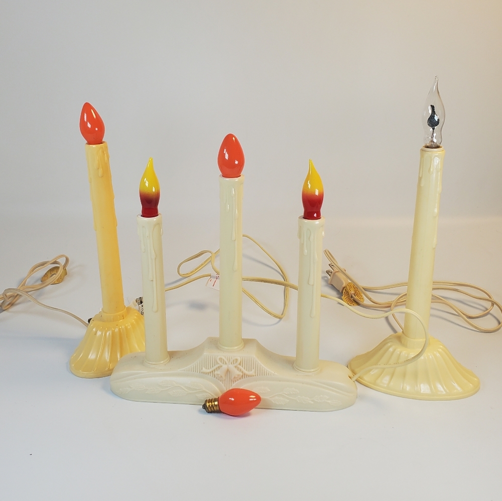 Set Christmas 3 Light 10" Windowsill Candelabra NOMA Candolier Plastic Vintage